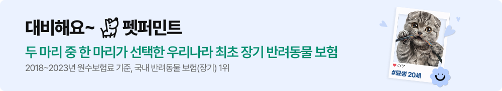 대비해요~ 펫퍼민트, 두 마리 중 한마리가 선택한 우라나라 최초 장기 반려동물 보험 2018~2023년 원수보험료 기준, 국내 반려동물 보험(장기) 1위