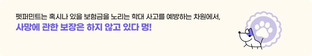 펫퍼민트는 혹시나 있을 보험금을 노리는 학대 사고를 예방하는 차원에서,사망에 관한 보장은 하지 않고 있다 멍!